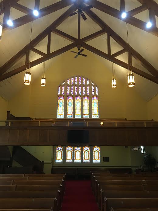 Sanctuary, Church, Balcony, Pews, Stained Glass